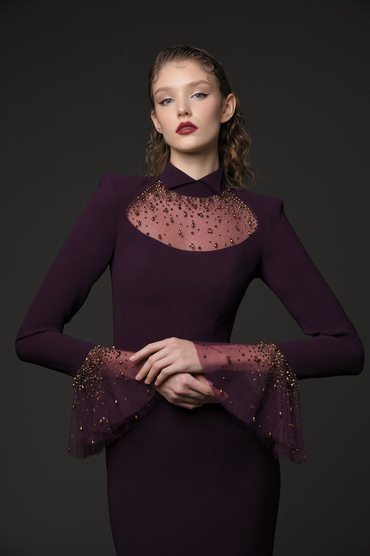 Crepe Column Dress with Bell Sleeves