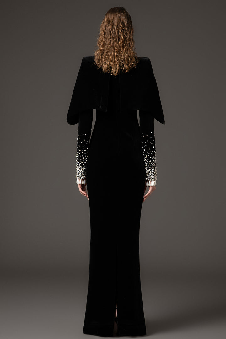 Velvet Column Long Dress with Puffed Sleeves