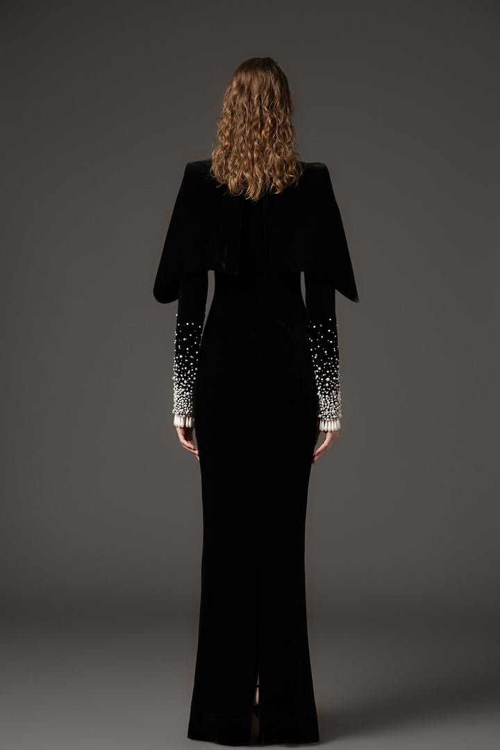 Velvet Column Dress with Puffed Sleeves