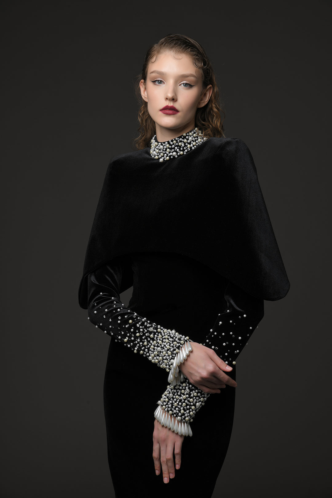 Velvet Column Dress with Puffed Sleeves