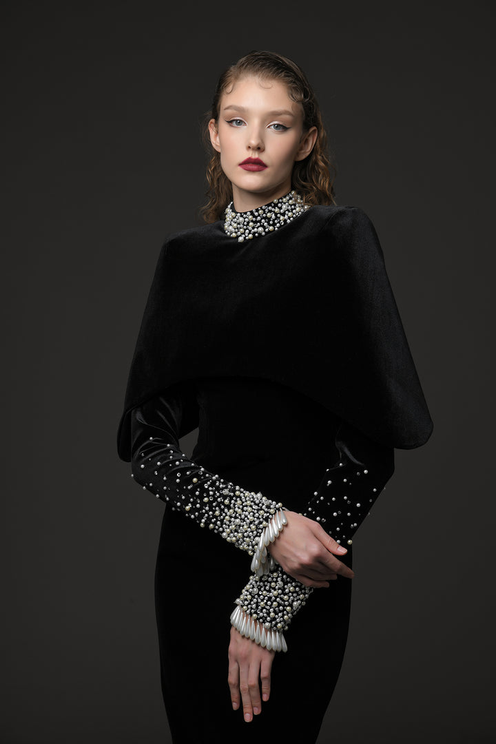 Velvet Column Dress with Puffed Sleeves