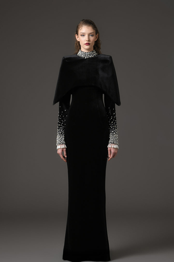 Velvet Column Dress with Puffed Sleeves