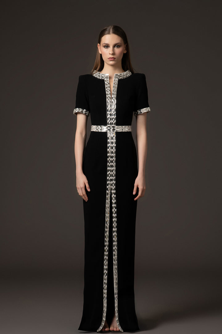 Crepe Dress with Baguette Embroidery