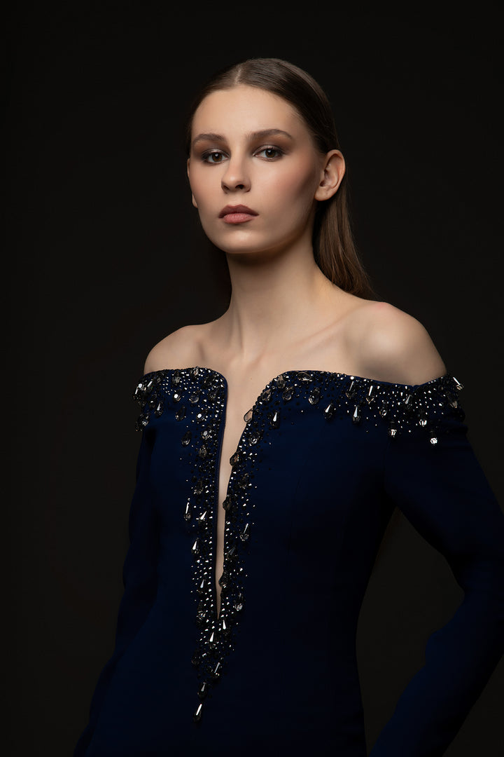 Crepe Off-The-Shoulder Column Dress