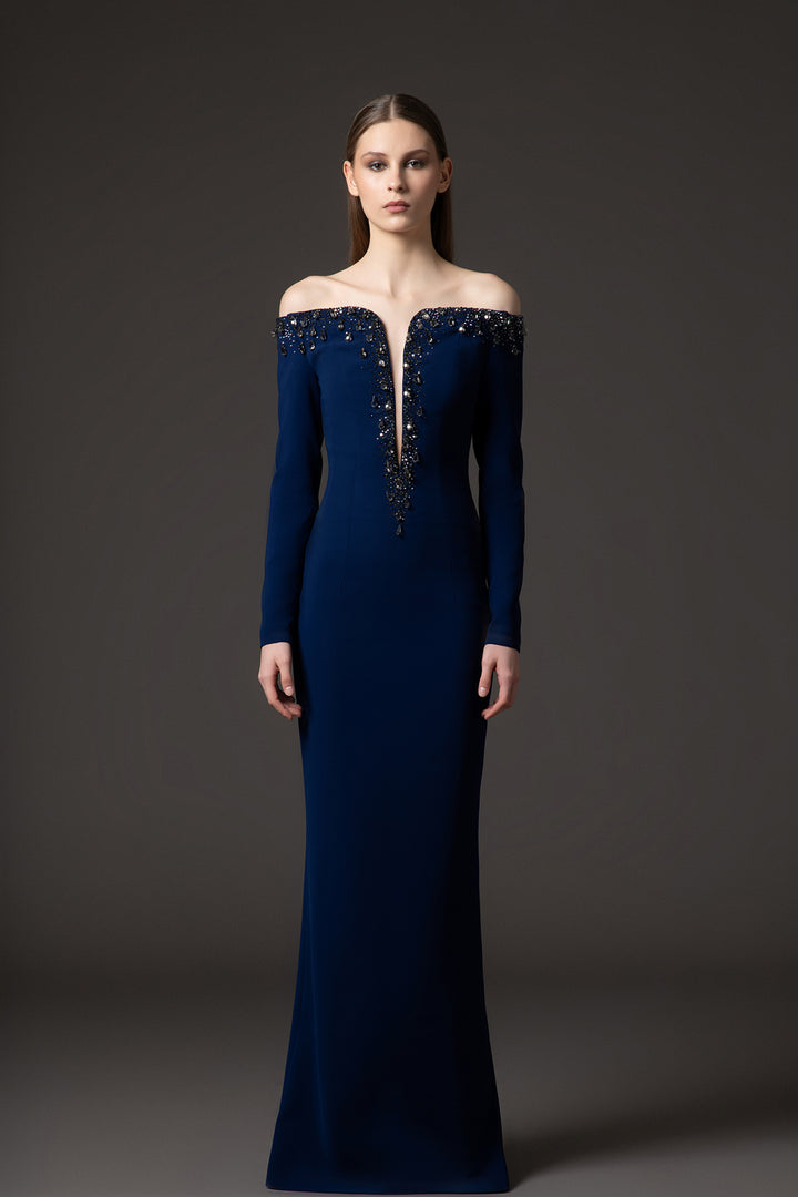 Crepe Off-The-Shoulder Column Dress