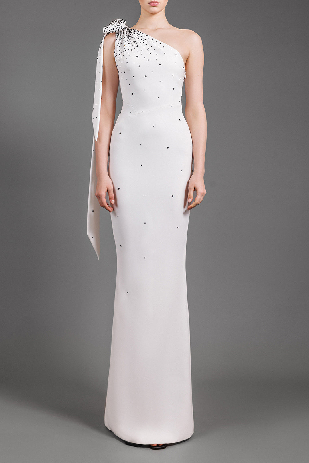 one shoulder trumpet dress Ana Scuba Crepe & Satin Drop Shoulder Dress