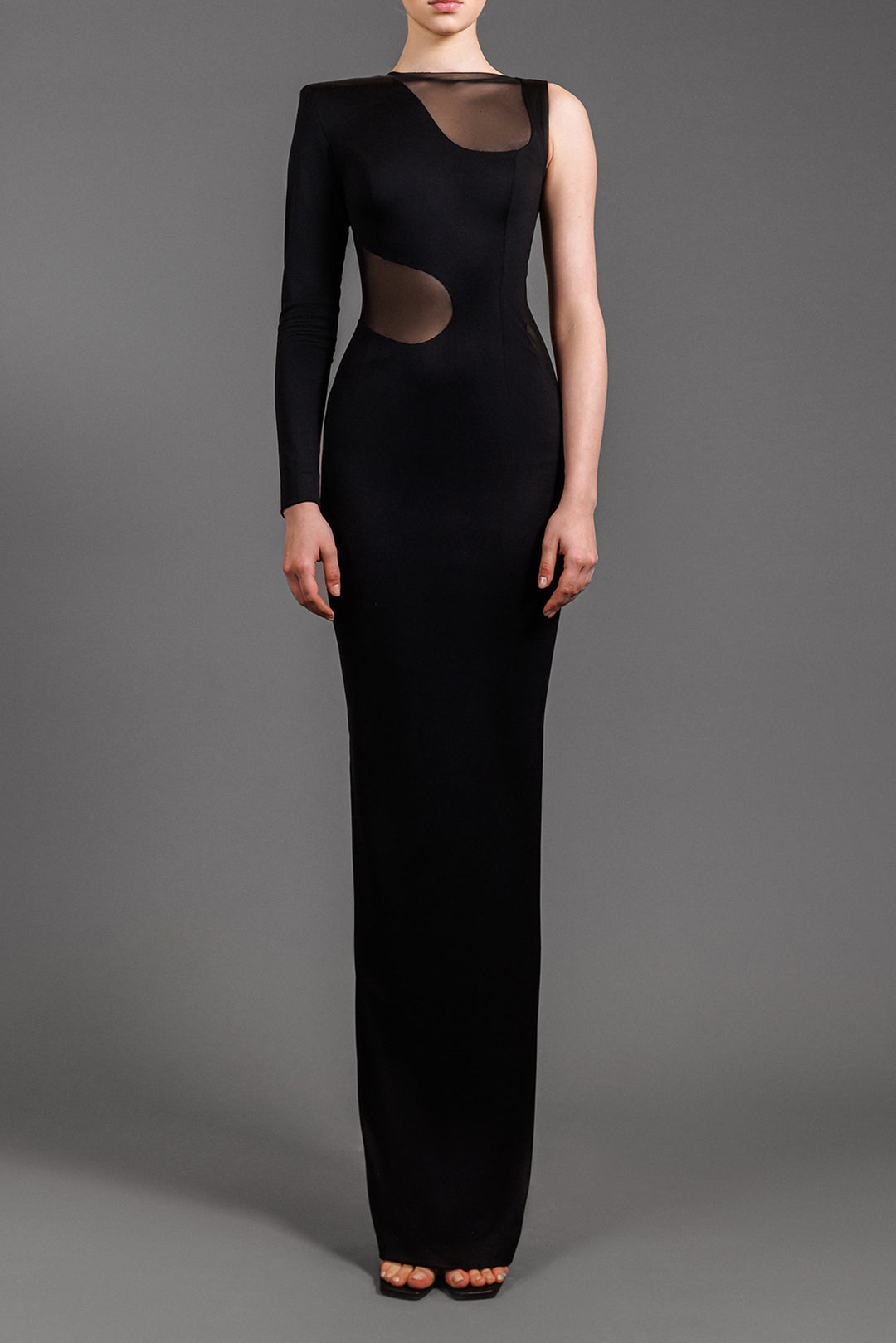 One sleeve Jersey dress with tulle cut-outs Black / US 16 One sleeve Jersey dress with tulle cut-outs Black / US 16