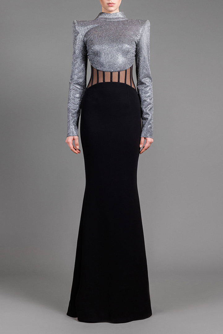 Long-Sleeved Crepe Maxi Dress With Lurex Bodice And Corset