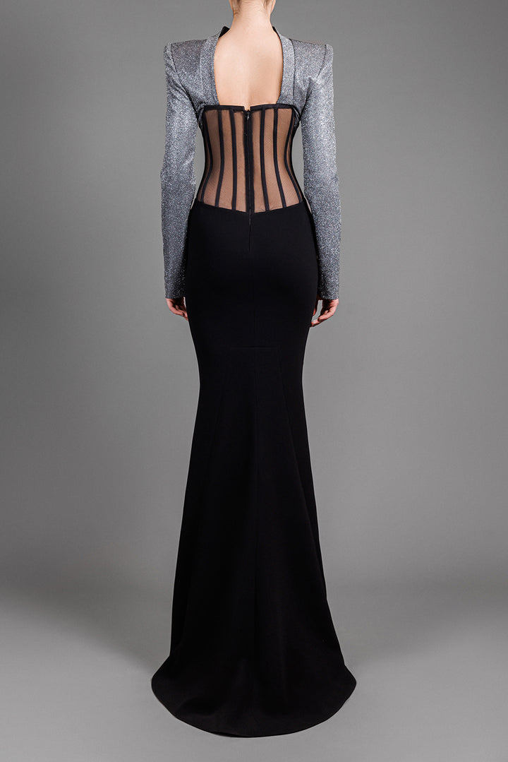 Long-Sleeved Crepe Maxi Dress With Lurex Bodice And Corset