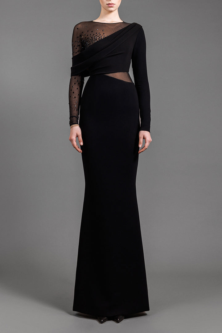 Long-Sleeved Crepe Maxi Dress With Crystal Embroidery