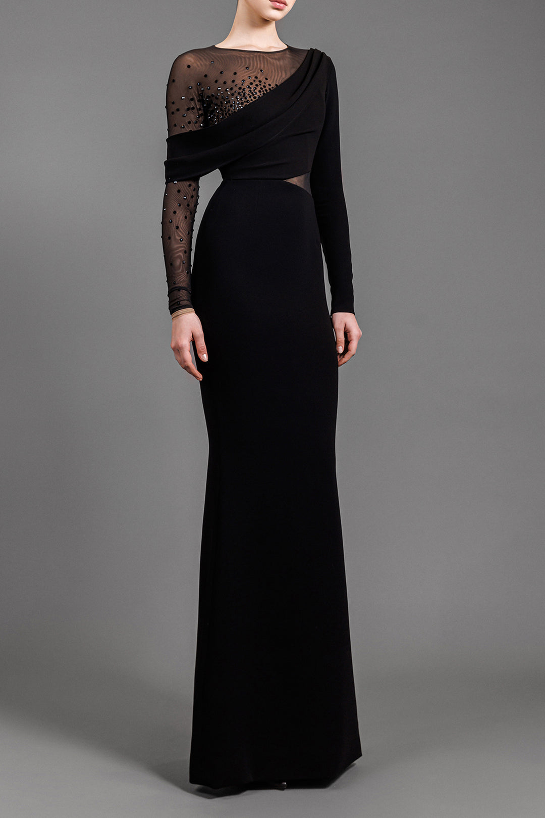 Long-Sleeved Crepe Maxi Dress With Crystal Embroidery