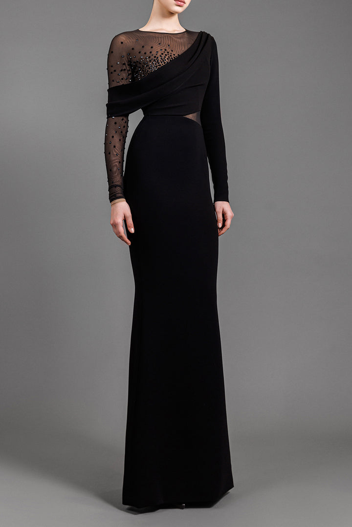 Long-Sleeved Crepe Maxi Dress With Crystal Embroidery