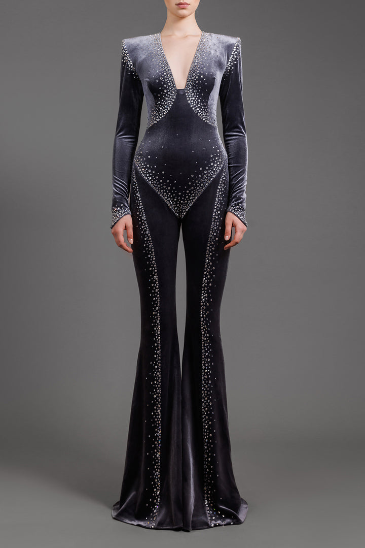 Velvet Jumpsuit With Crystal Embroidery