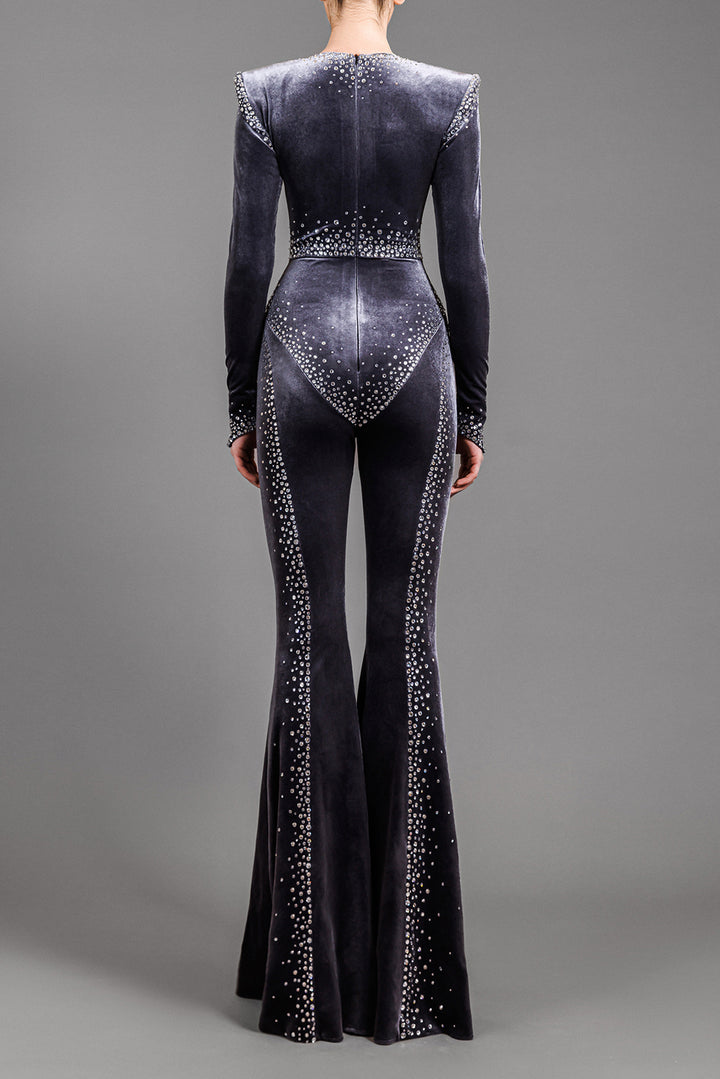 Velvet Jumpsuit With Crystal Embroidery