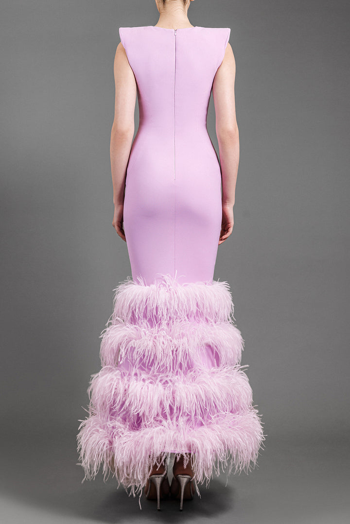 Sleeveless Crepe Dress with Feathers