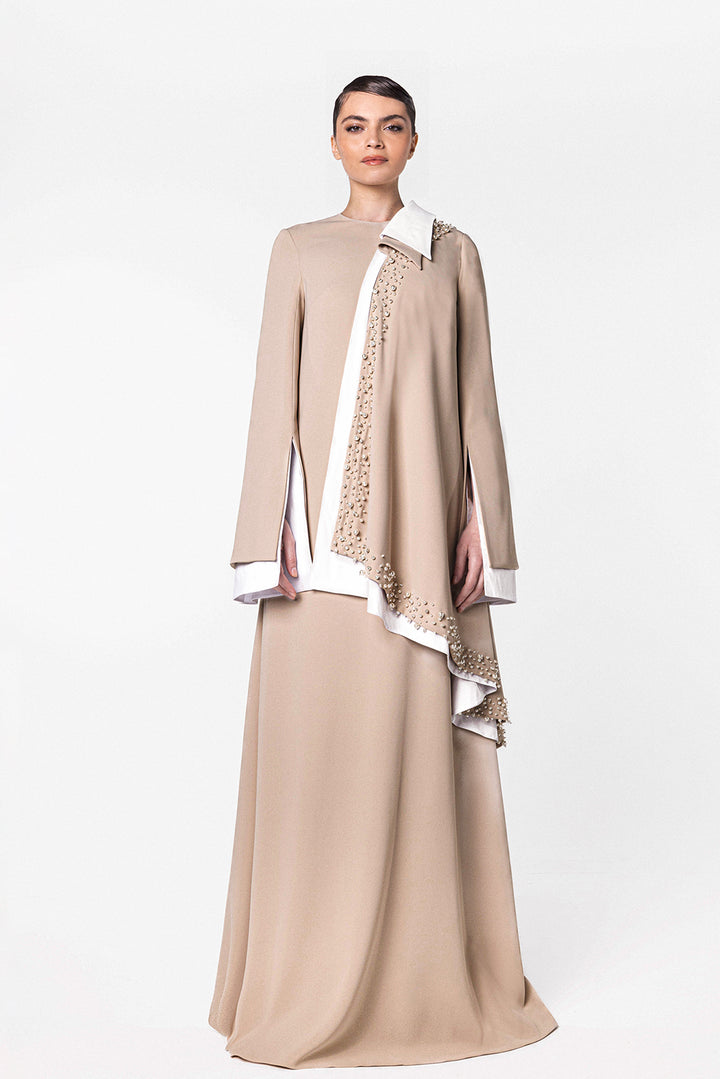 High-Neck Kaftan with Pearl Detailing