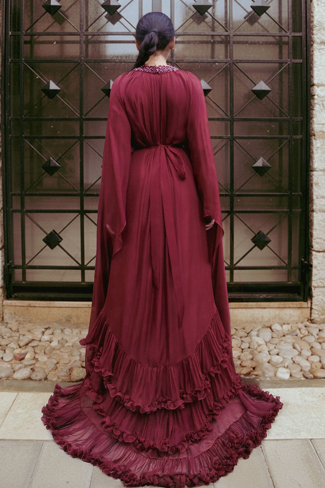 Beaded-Neck Chiffon Kaftan with Tiered Hem