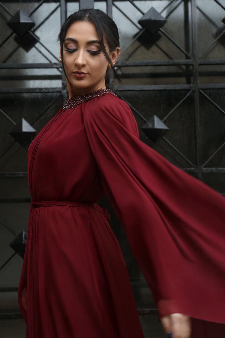 Beaded-Neck Chiffon Kaftan with Tiered Hem