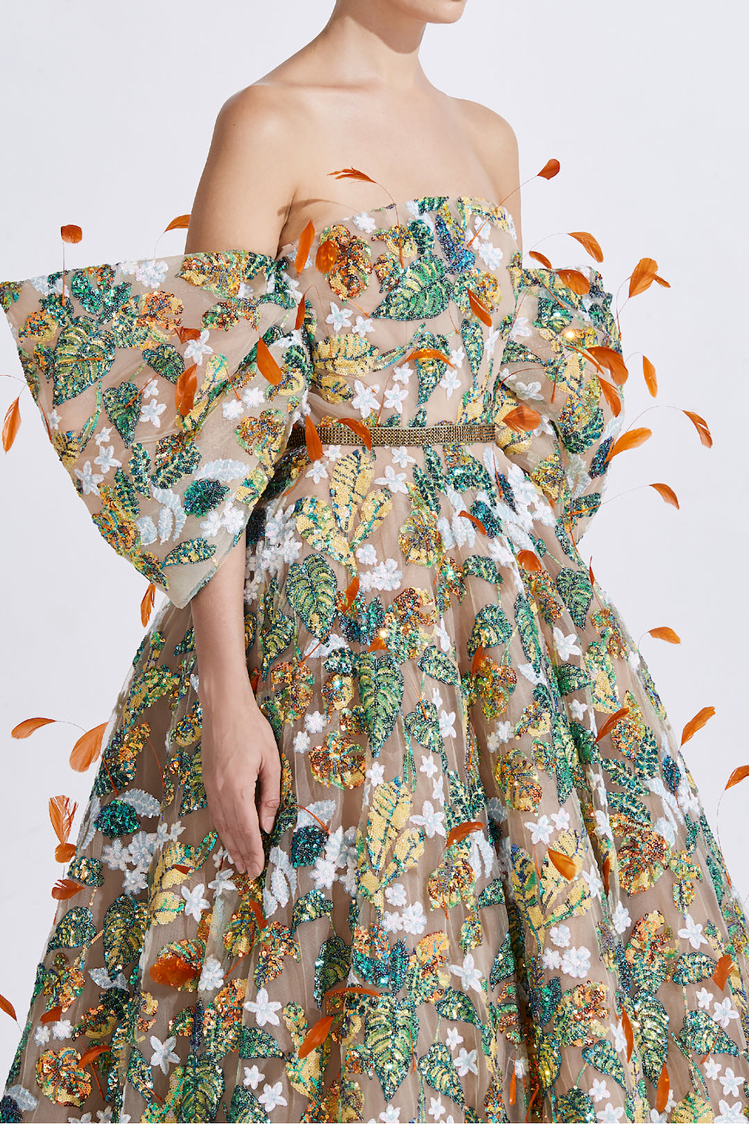 Strapless Dress with Tulle and Feathers