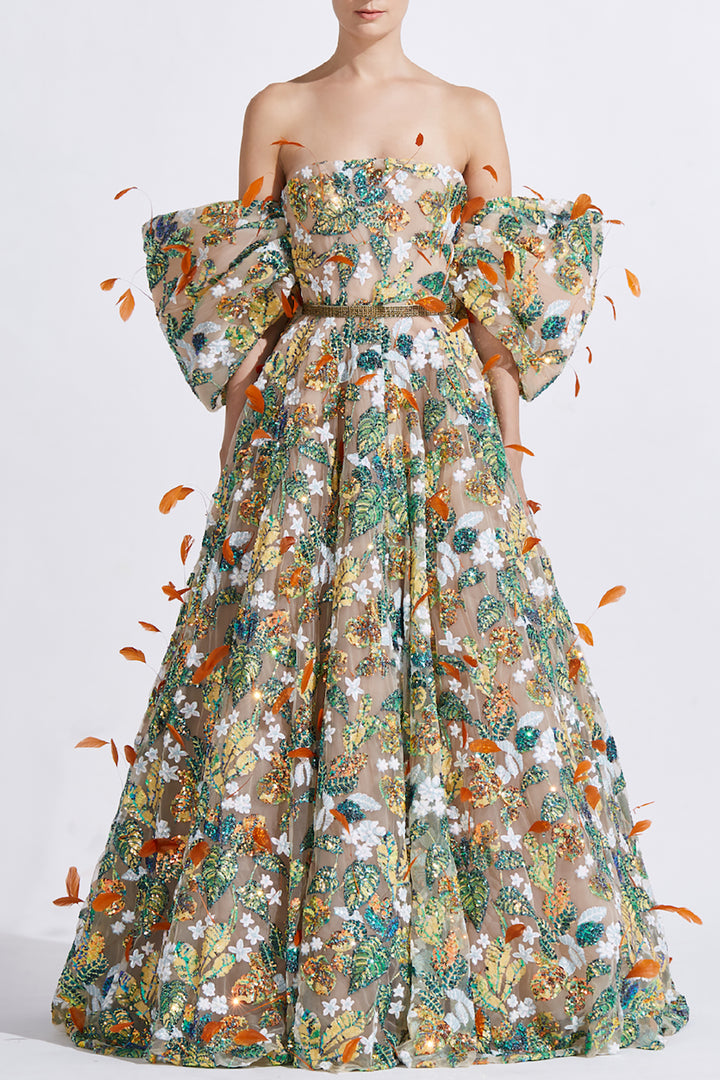 Strapless Dress with Tulle and Feathers