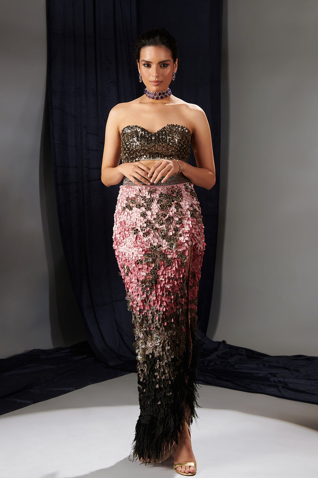 Mesh Two-Piece with Embroidered Maxi Skirt