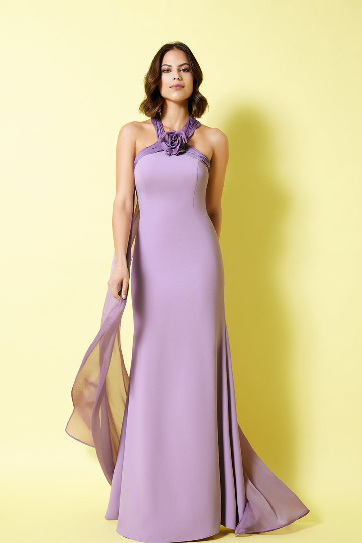 Crepe Mermaid Dress with Floral Halter