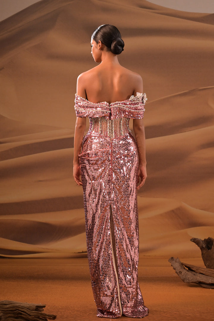 Off-The-Shoulder Neckline Sequin Column Dress