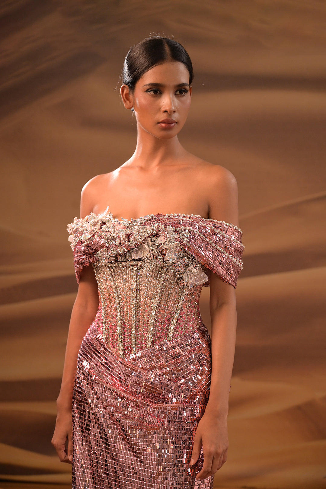 Off-The-Shoulder Neckline Sequin Column Dress
