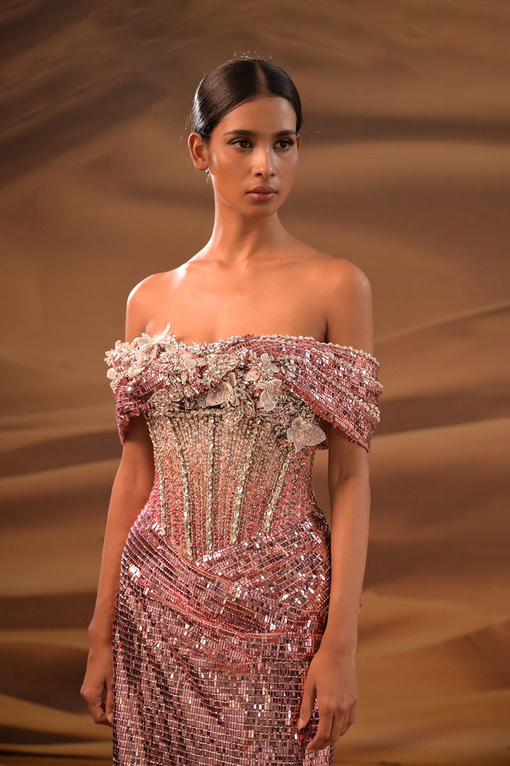 Off-The-Shoulder Neckline Sequin Column Dress