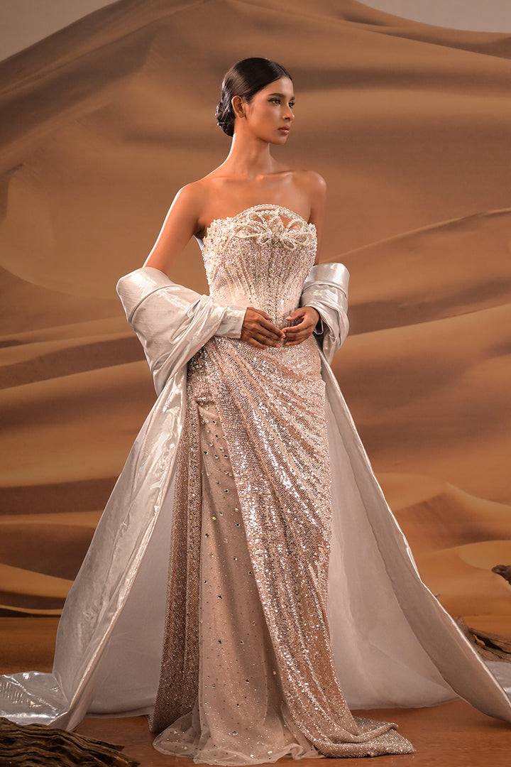 Cape Embroidered Strapless Dress