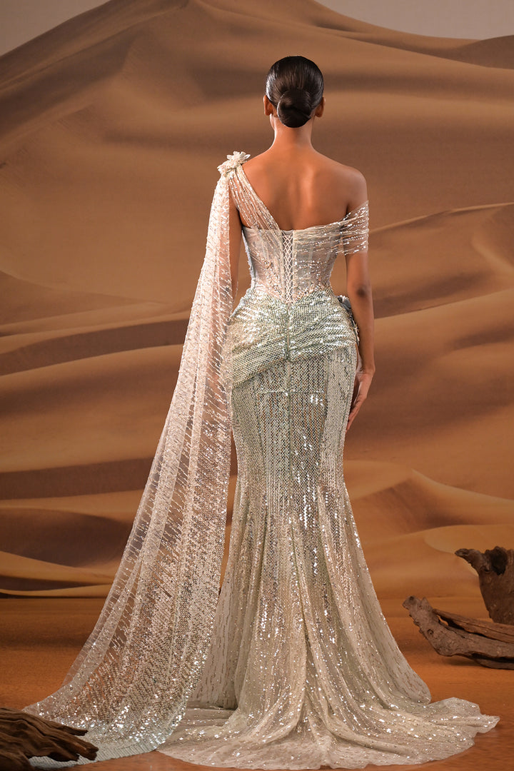 One-Shoulder Mermaid Dress with Cape