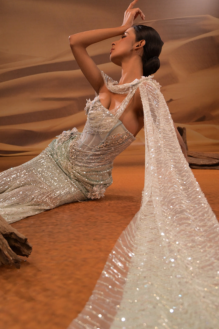 One-Shoulder Mermaid Dress with Cape