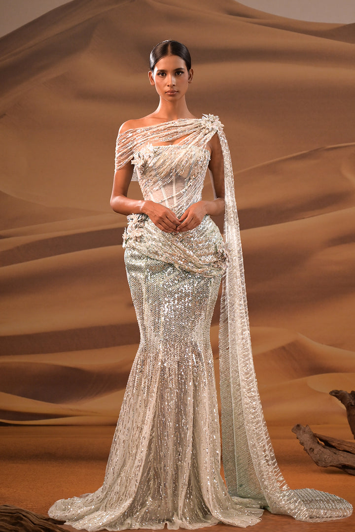 One-Shoulder Mermaid Dress with Cape