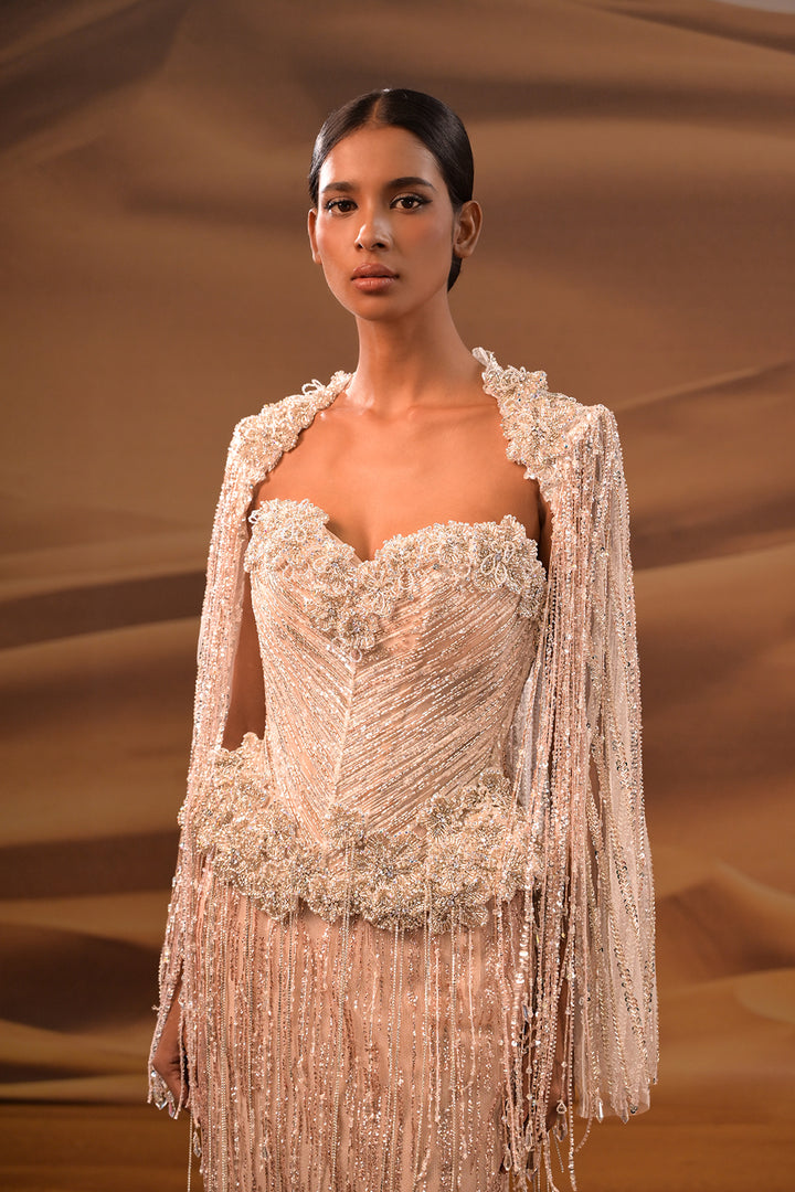 Crystal-Bodied Column Dress with Embellished Bodice