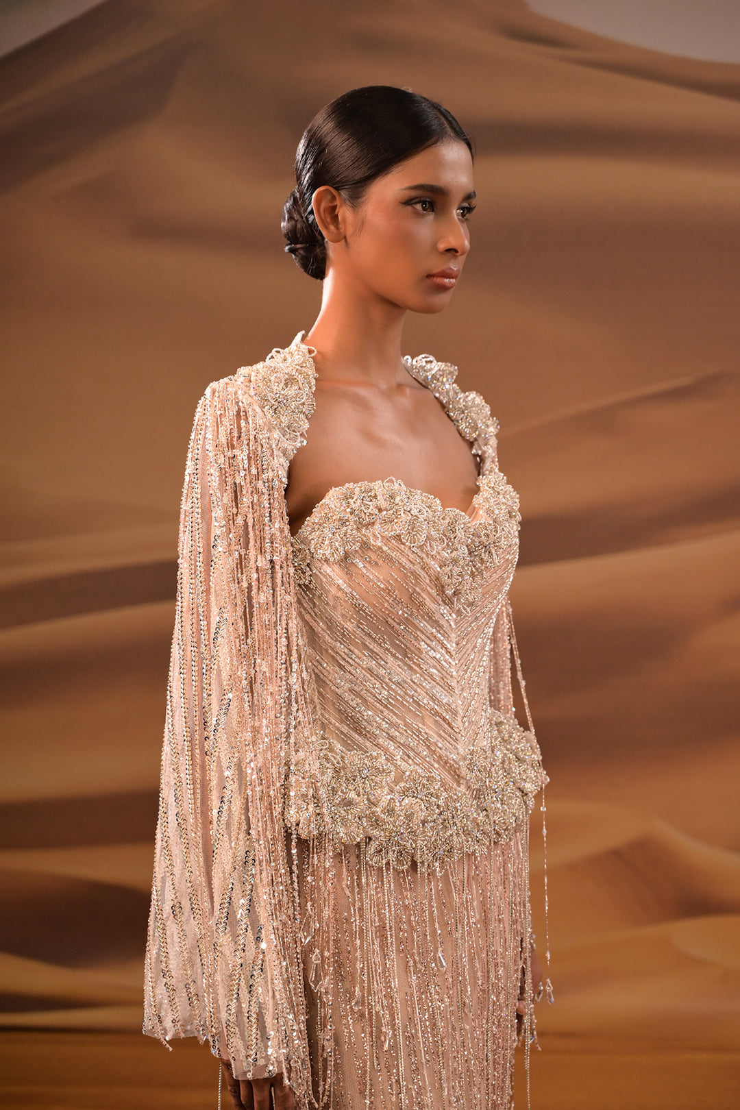 Crystal-Bodied Column Dress with Embellished Bodice