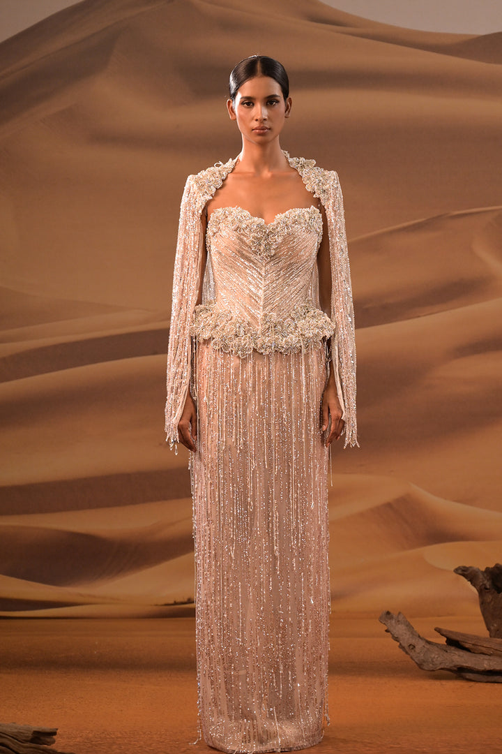 Crystal-Bodied Column Dress with Embellished Bodice