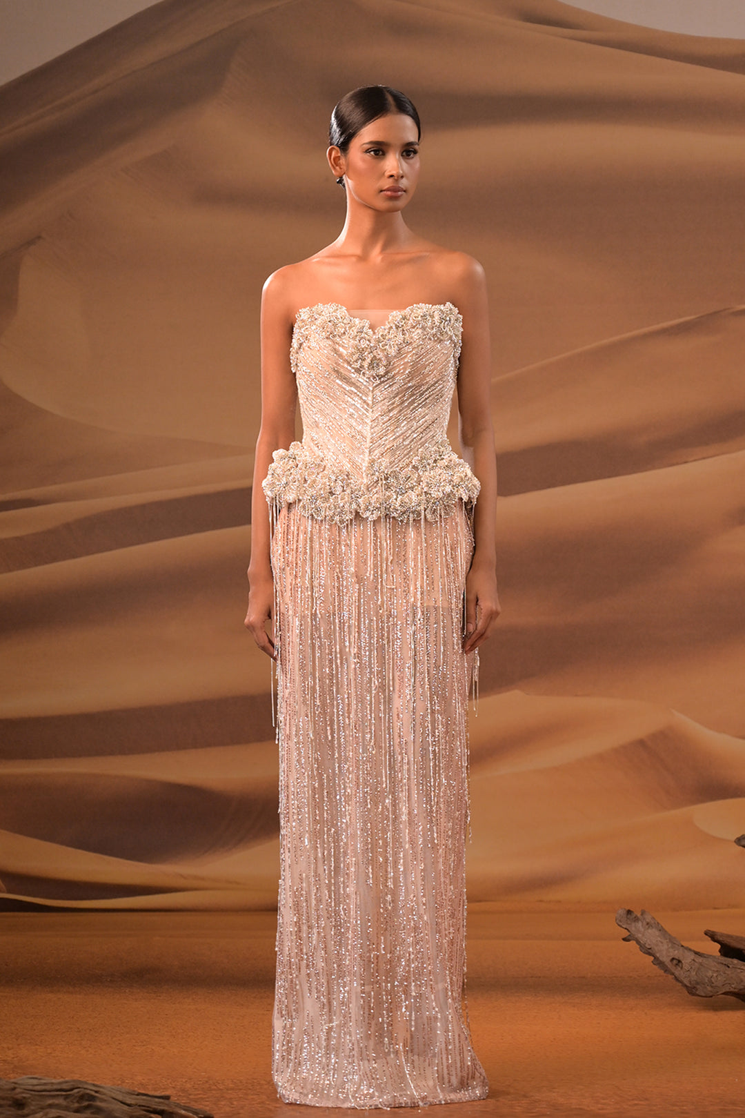 Crystal-Bodied Column Dress with Embellished Bodice