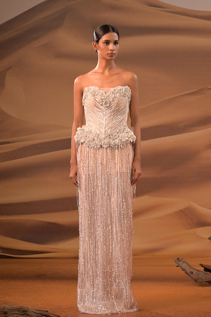 Crystal-Bodied Column Dress with Embellished Bodice