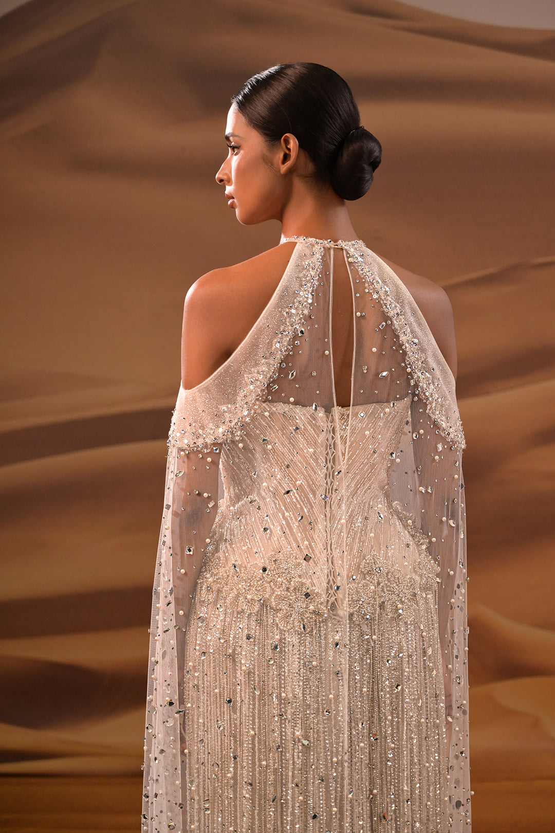 Crystalline Halter Dress with Long Fringe Sleeves