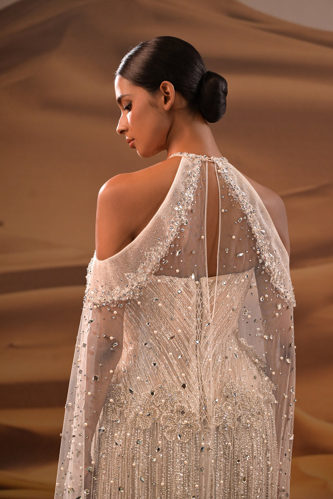 Crystalline Halter Dress with Long Fringe Sleeves