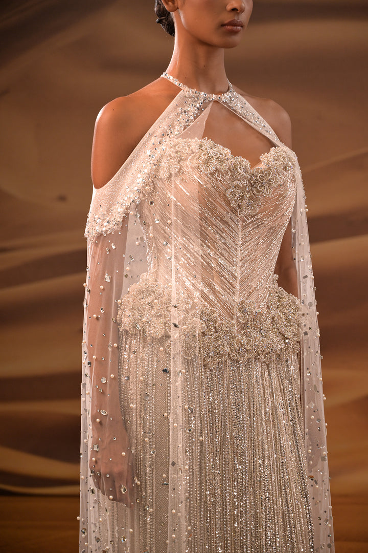 Crystalline Halter Dress with Long Fringe Sleeves
