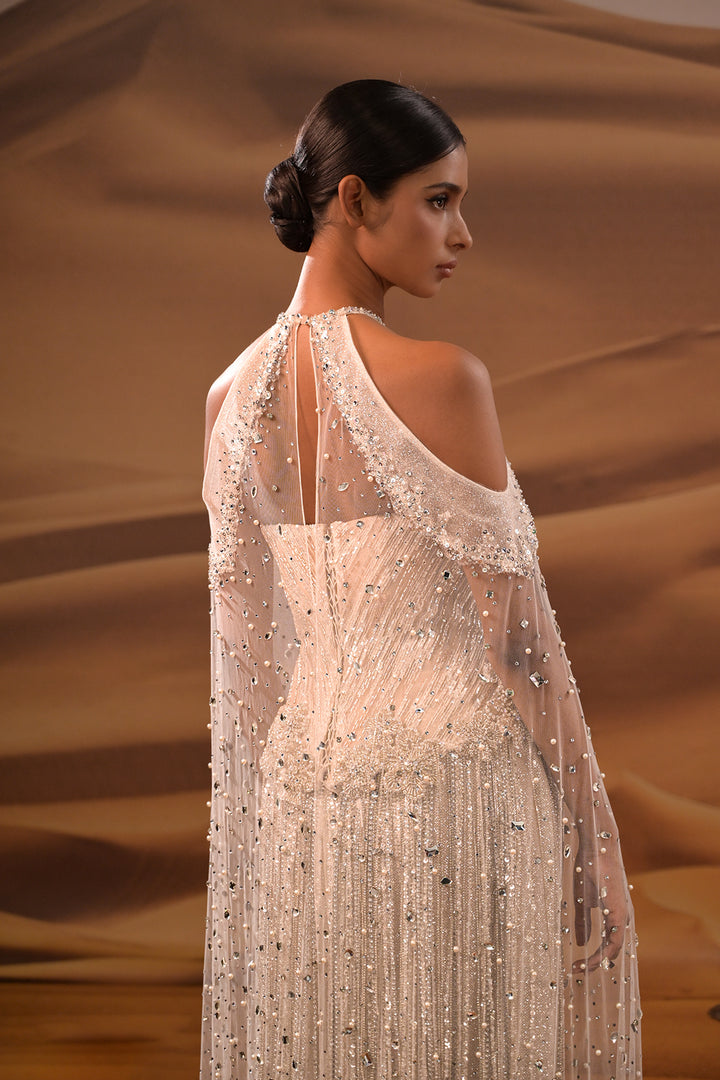 Crystalline Halter Dress with Long Fringe Sleeves