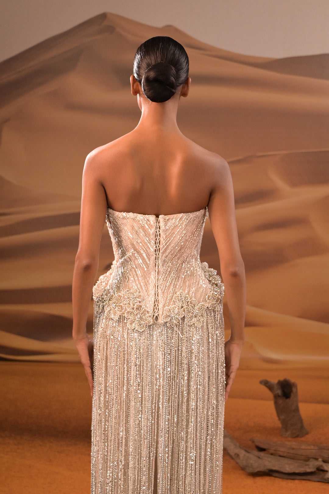 Crystalline Halter Dress with Long Fringe Sleeves