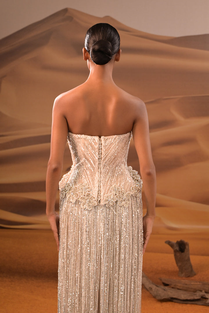 Crystalline Halter Dress with Long Fringe Sleeves