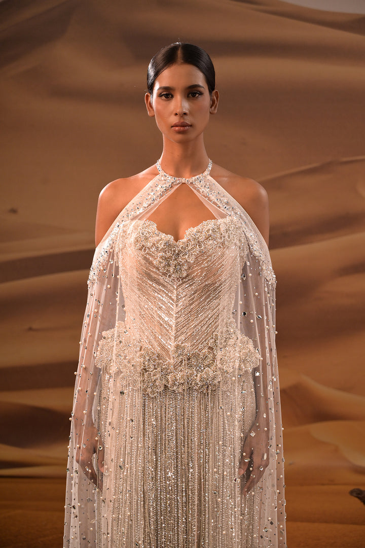 Crystalline Halter Dress with Long Fringe Sleeves