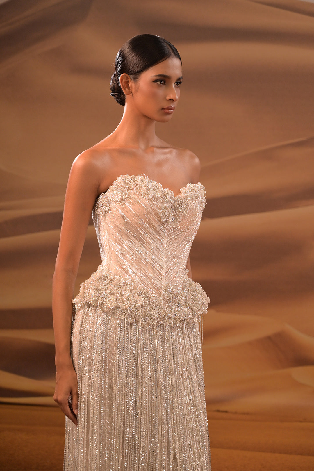 Crystalline Halter Dress with Long Fringe Sleeves