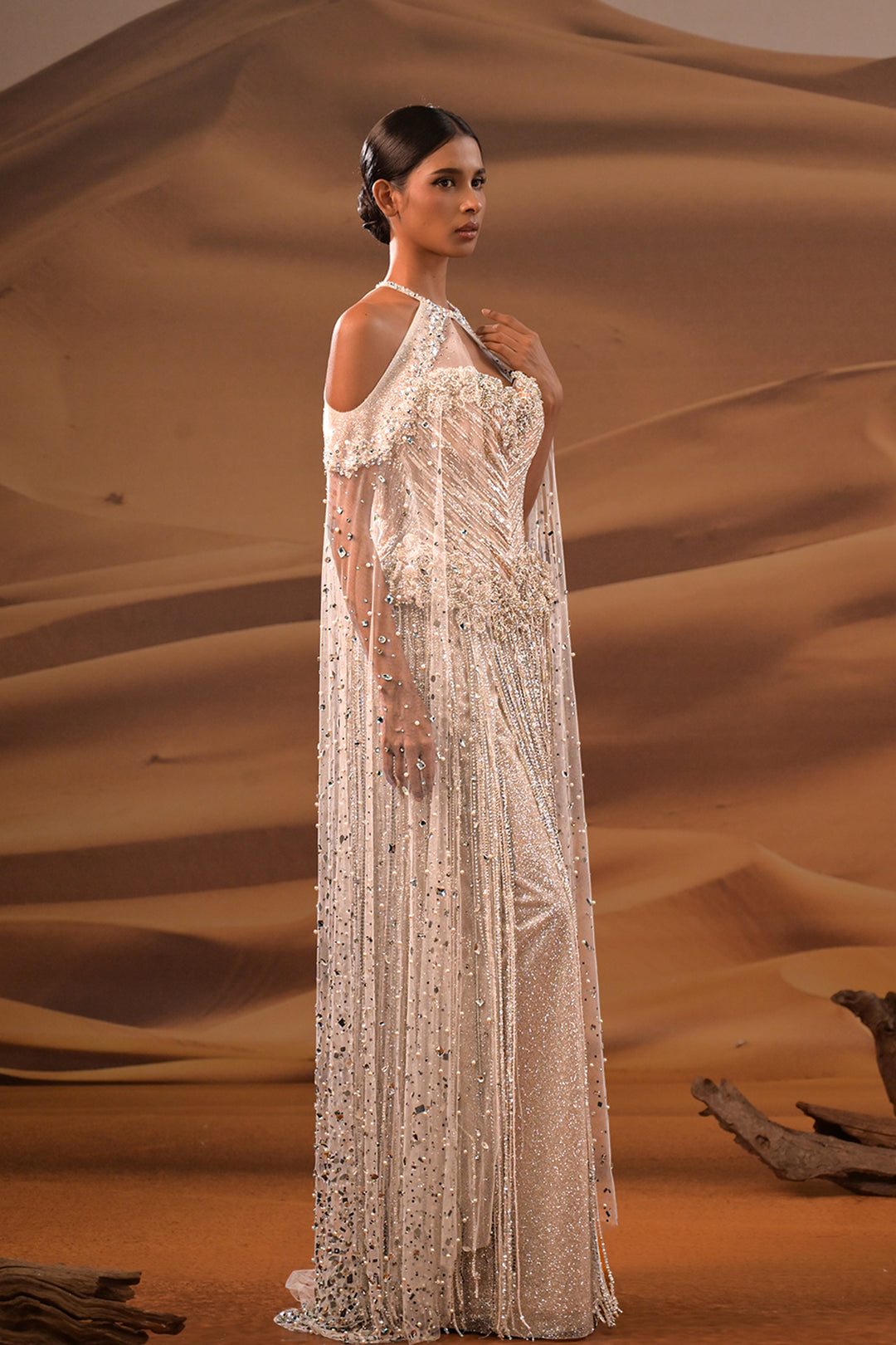 Crystalline Halter Dress with Long Fringe Sleeves