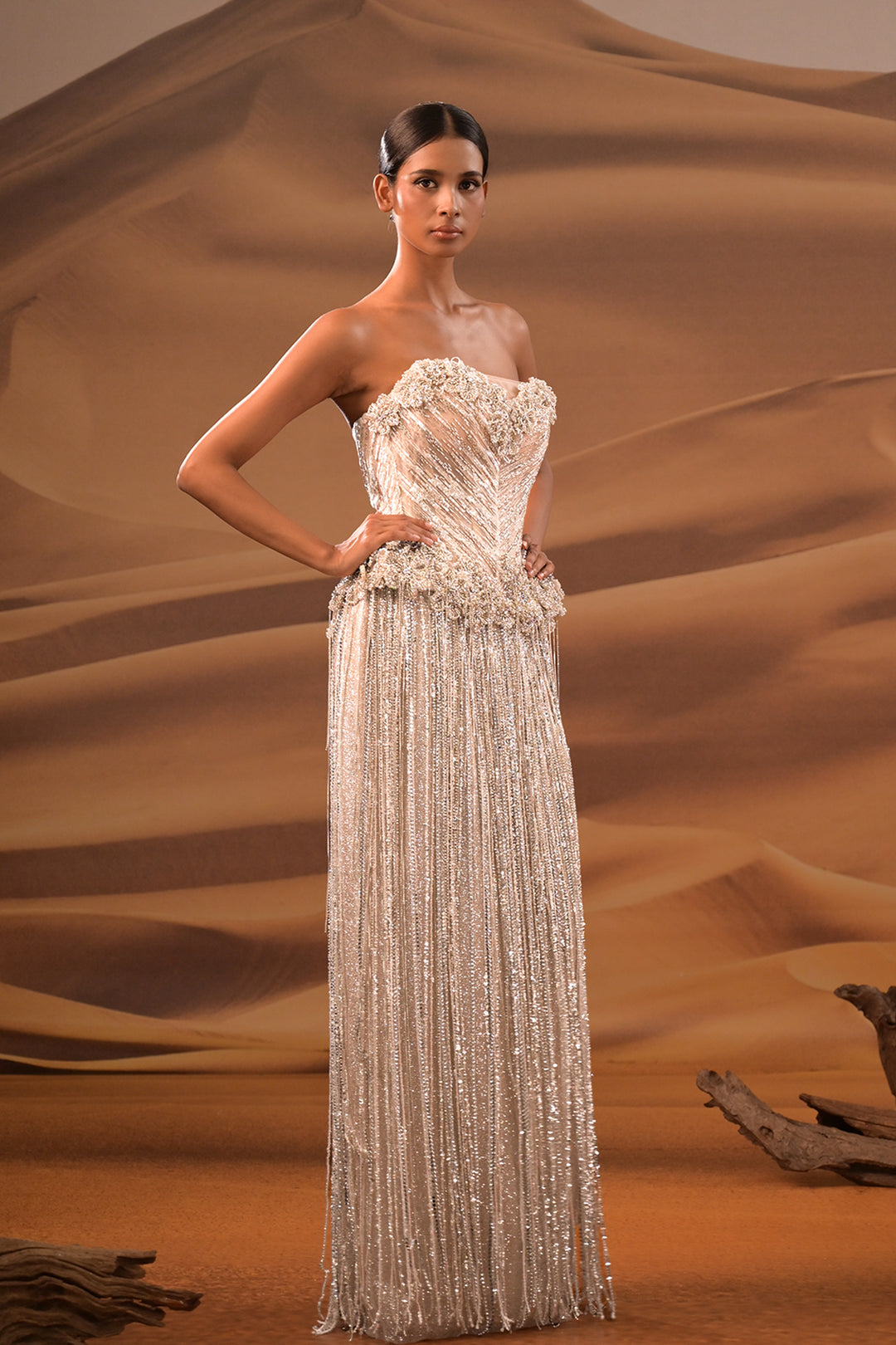 Crystalline Halter Dress with Long Fringe Sleeves