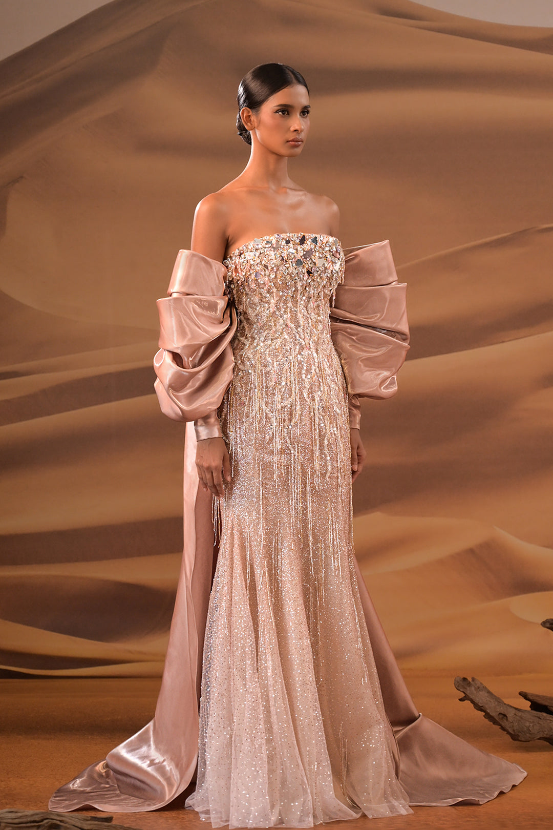 Crystal-Embroidered Dress with Off-The-Shoulder Corset