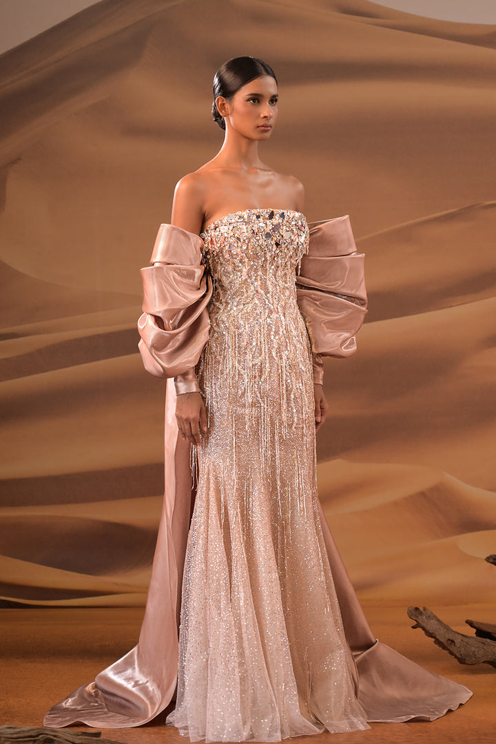 Crystal-Embroidered Dress with Off-The-Shoulder Corset